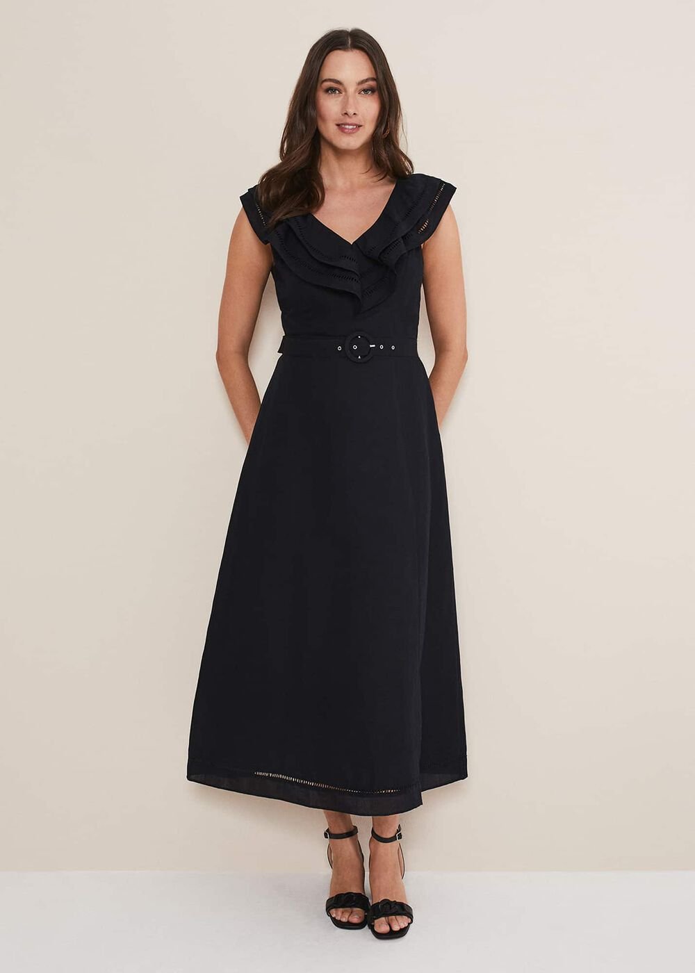 Julieta Frill Broderie Linen Midi Dress Black