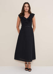Julieta Frill Broderie Linen Midi Dress Black