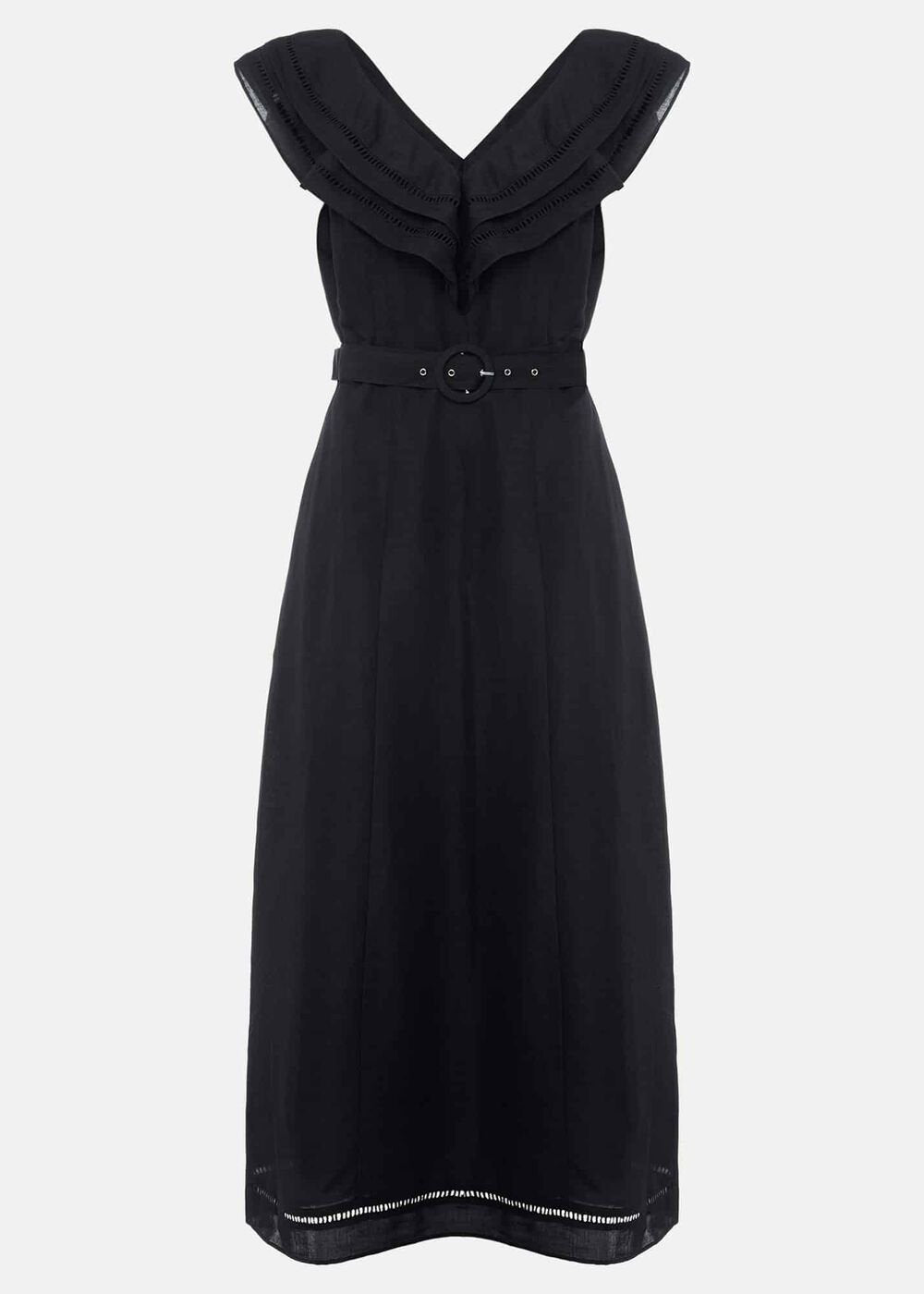 Julieta Frill Broderie Linen Midi Dress Black