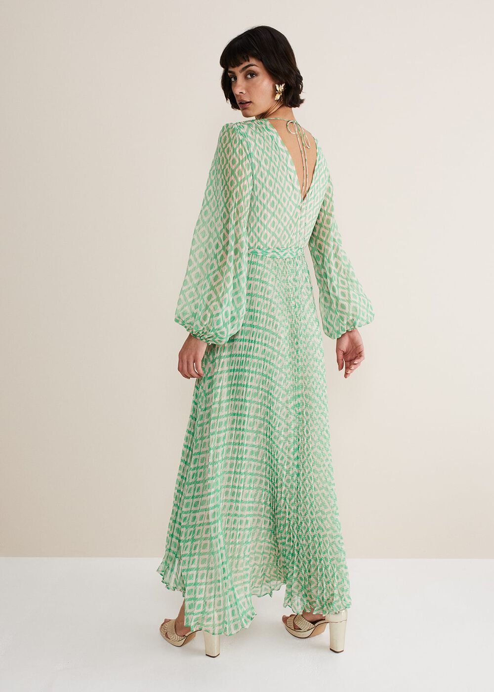 Roxanna Pleated Diamond Maxi Dress Powder Pink/Green