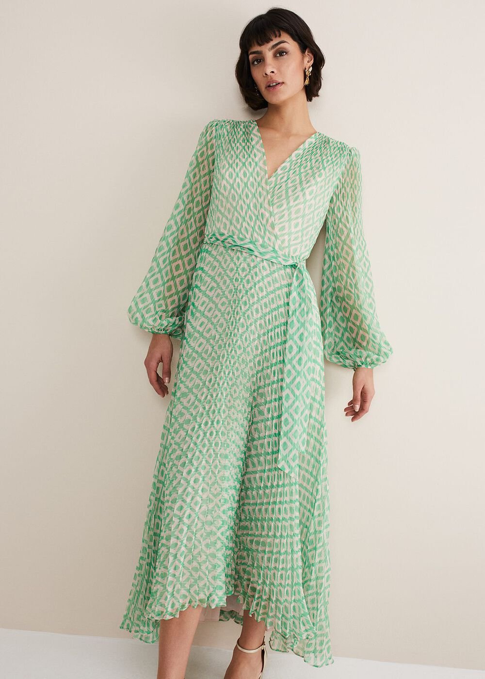 Roxanna Pleated Diamond Maxi Dress Powder Pink/Green