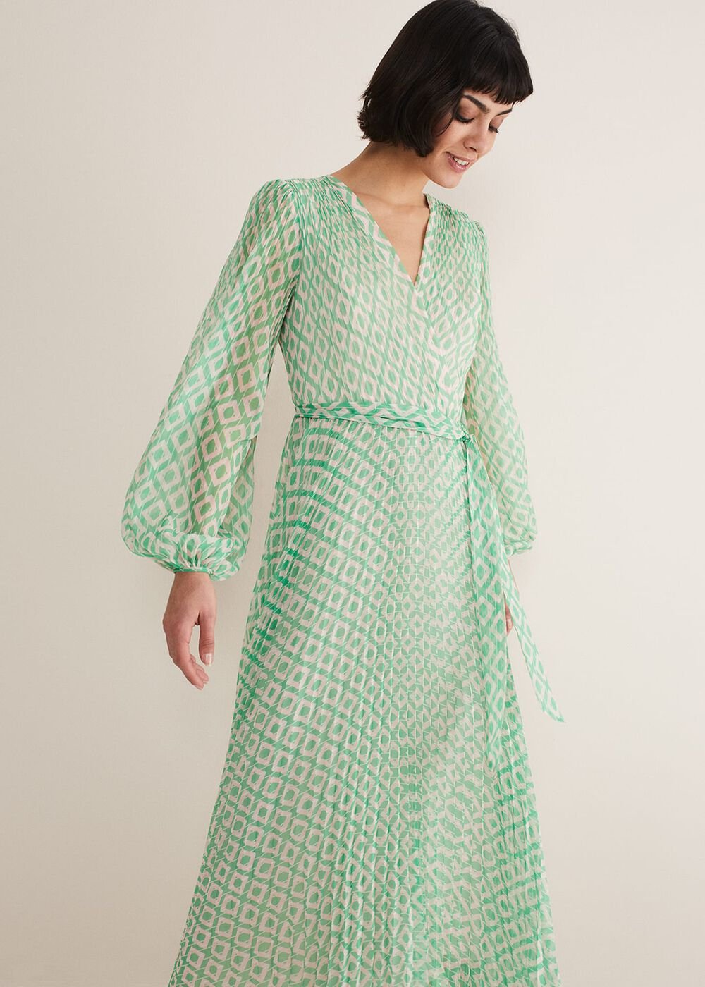 Roxanna Pleated Diamond Maxi Dress Powder Pink/Green