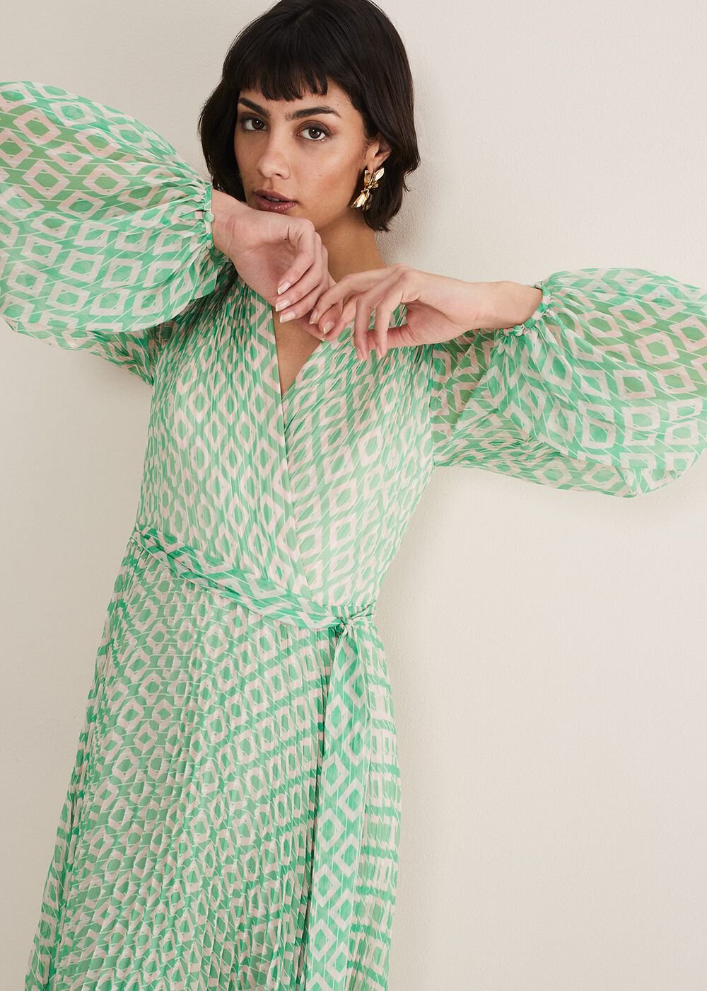 Roxanna Pleated Diamond Maxi Dress Powder Pink/Green