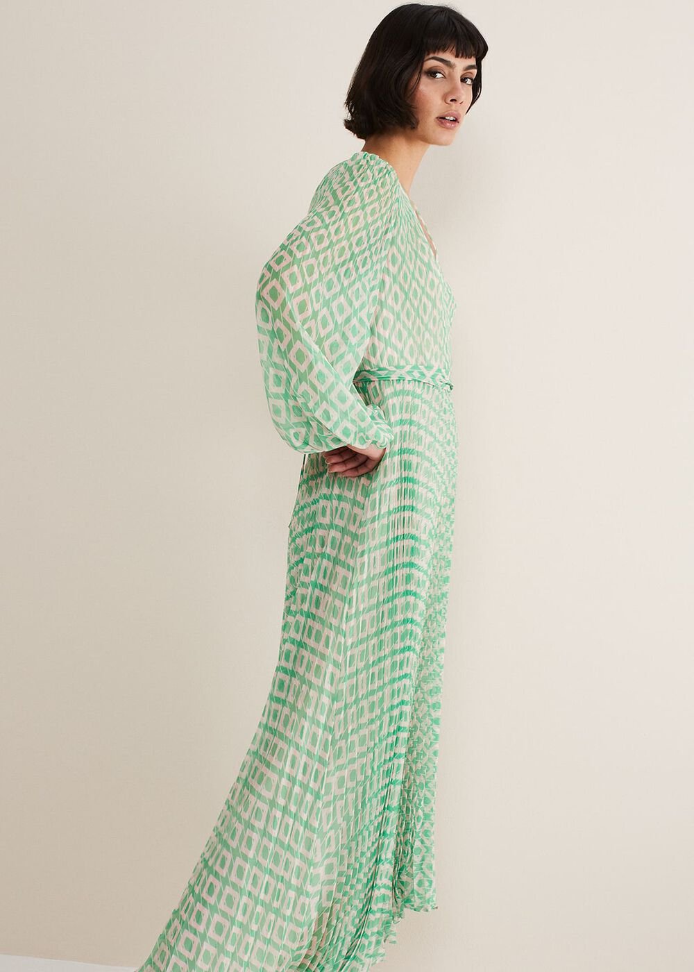 Roxanna Pleated Diamond Maxi Dress Powder Pink/Green