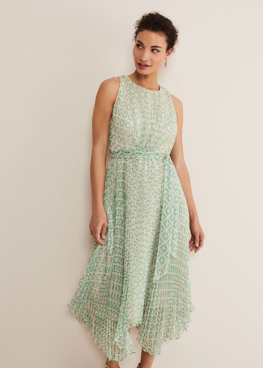 Vanya Diamond Pleated Midi Dress Powder Pink/Green