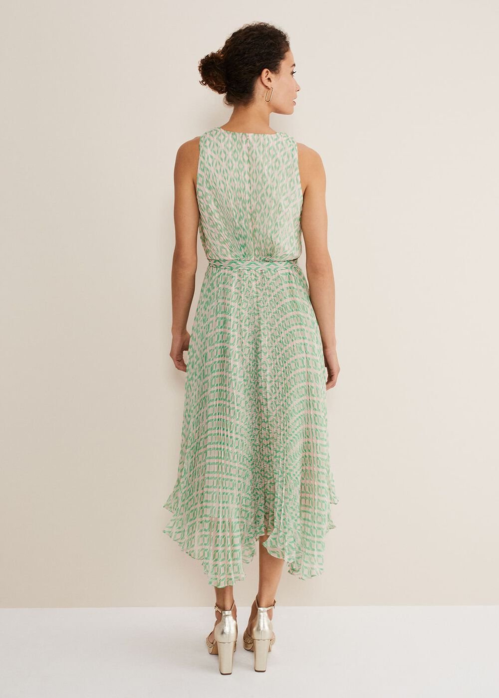 Vanya Diamond Pleated Midi Dress Powder Pink/Green