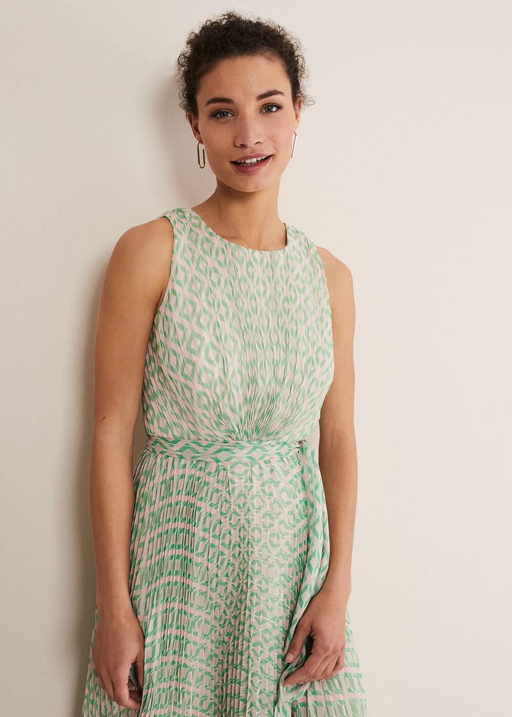 Vanya Diamond Pleated Midi Dress Powder Pink/Green