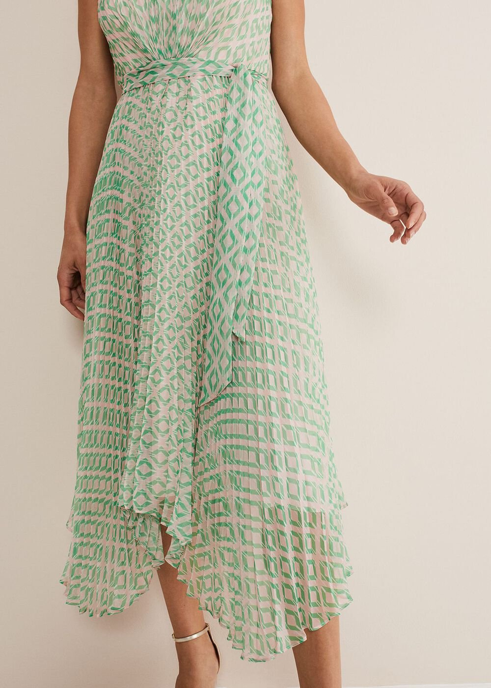 Vanya Diamond Pleated Midi Dress Powder Pink/Green