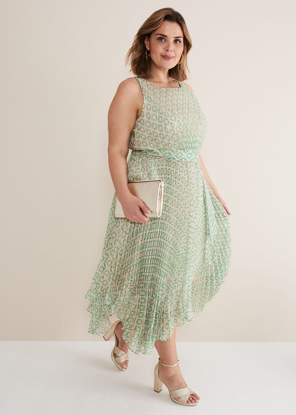 Vanya Diamond Pleated Midi Dress Powder Pink/Green