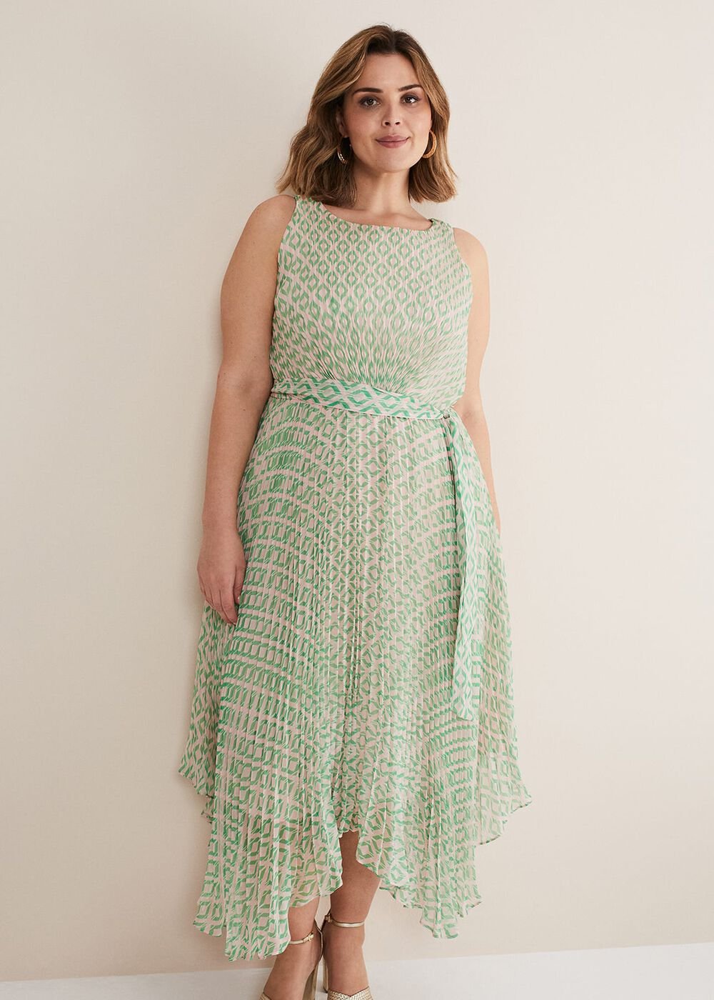Vanya Diamond Pleated Midi Dress Powder Pink/Green