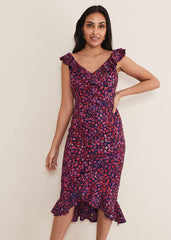 Petite Viola V-Neck Ditsy Frill Dress Navy/Multi