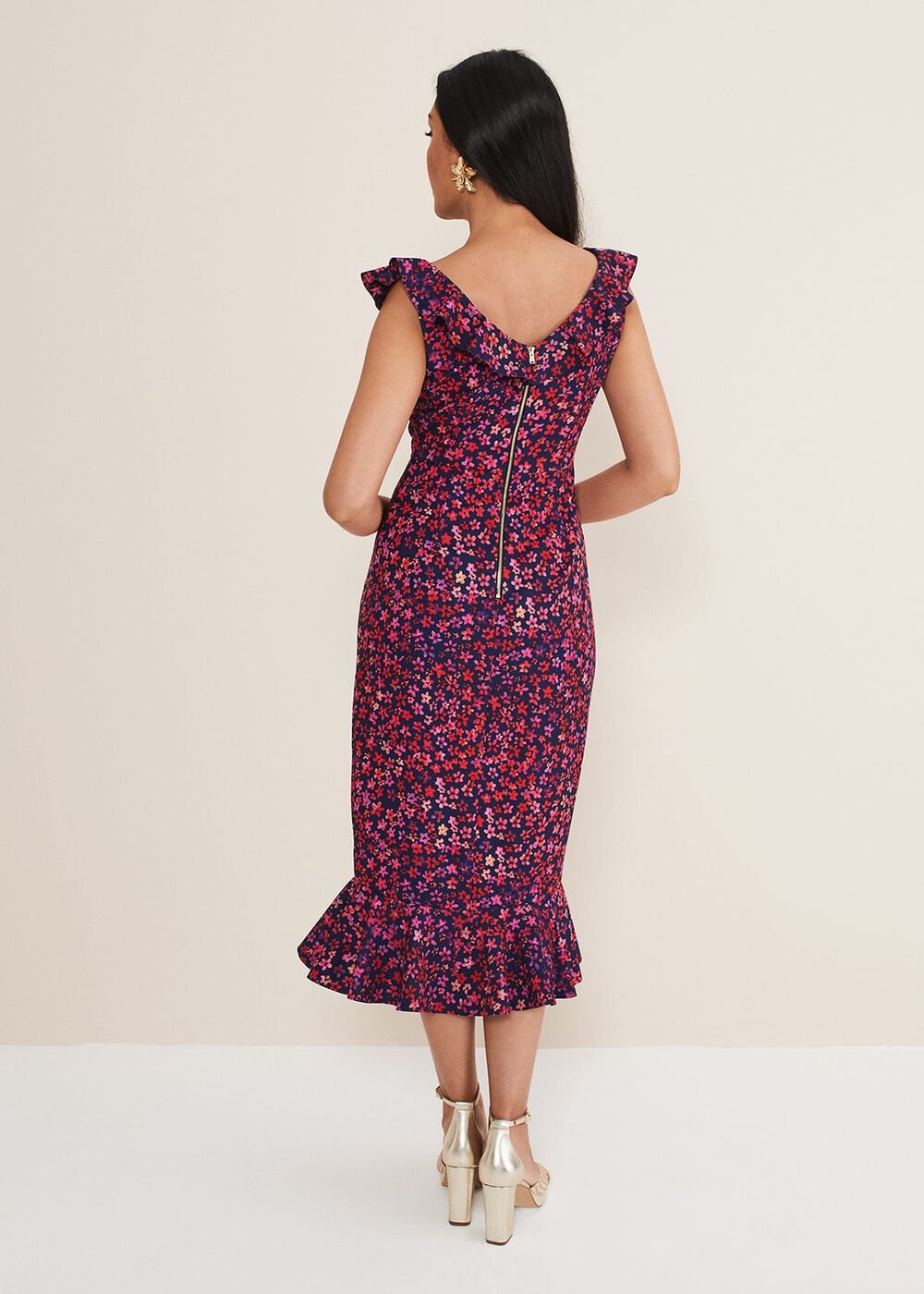 Petite Viola V-Neck Ditsy Frill Dress Navy/Multi