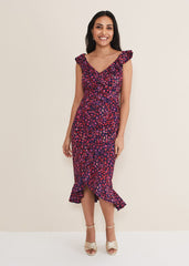 Petite Viola V-Neck Ditsy Frill Dress Navy/Multi