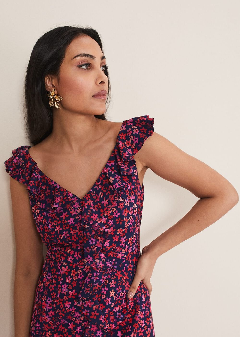 Petite Viola V-Neck Ditsy Frill Dress Navy/Multi