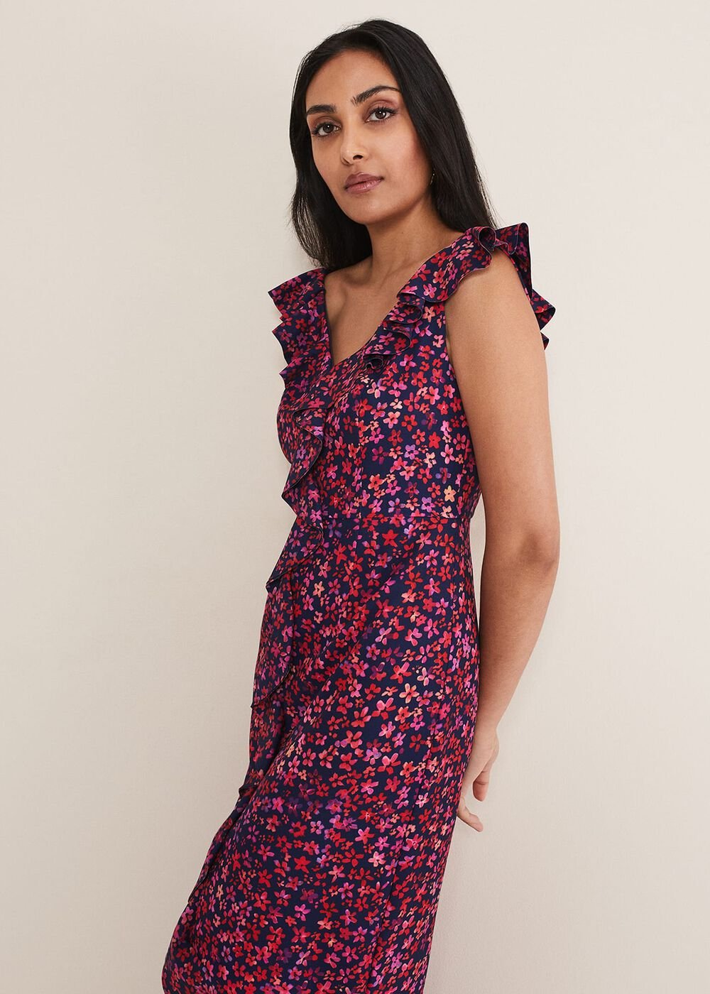 Petite Viola V-Neck Ditsy Frill Dress Navy/Multi
