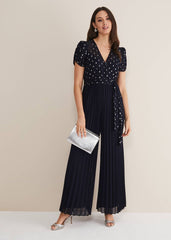 Molli Spot Pleated Jumpsuit Navy