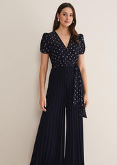 Molli Spot Pleated Jumpsuit Navy