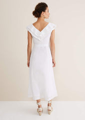 Julieta White Linen Ruffle Broderie Midi Dress White