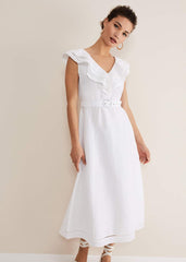 Julieta White Linen Ruffle Broderie Midi Dress White