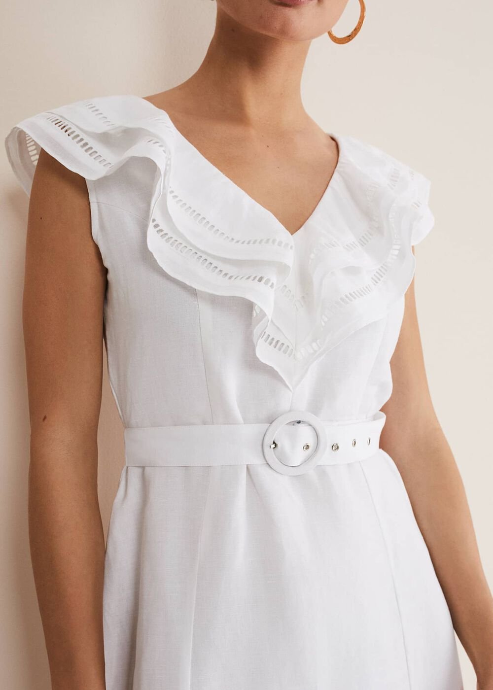 Julieta White Linen Ruffle Broderie Midi Dress White