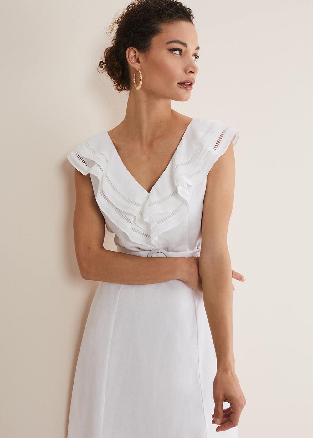 Julieta White Linen Ruffle Broderie Midi Dress White