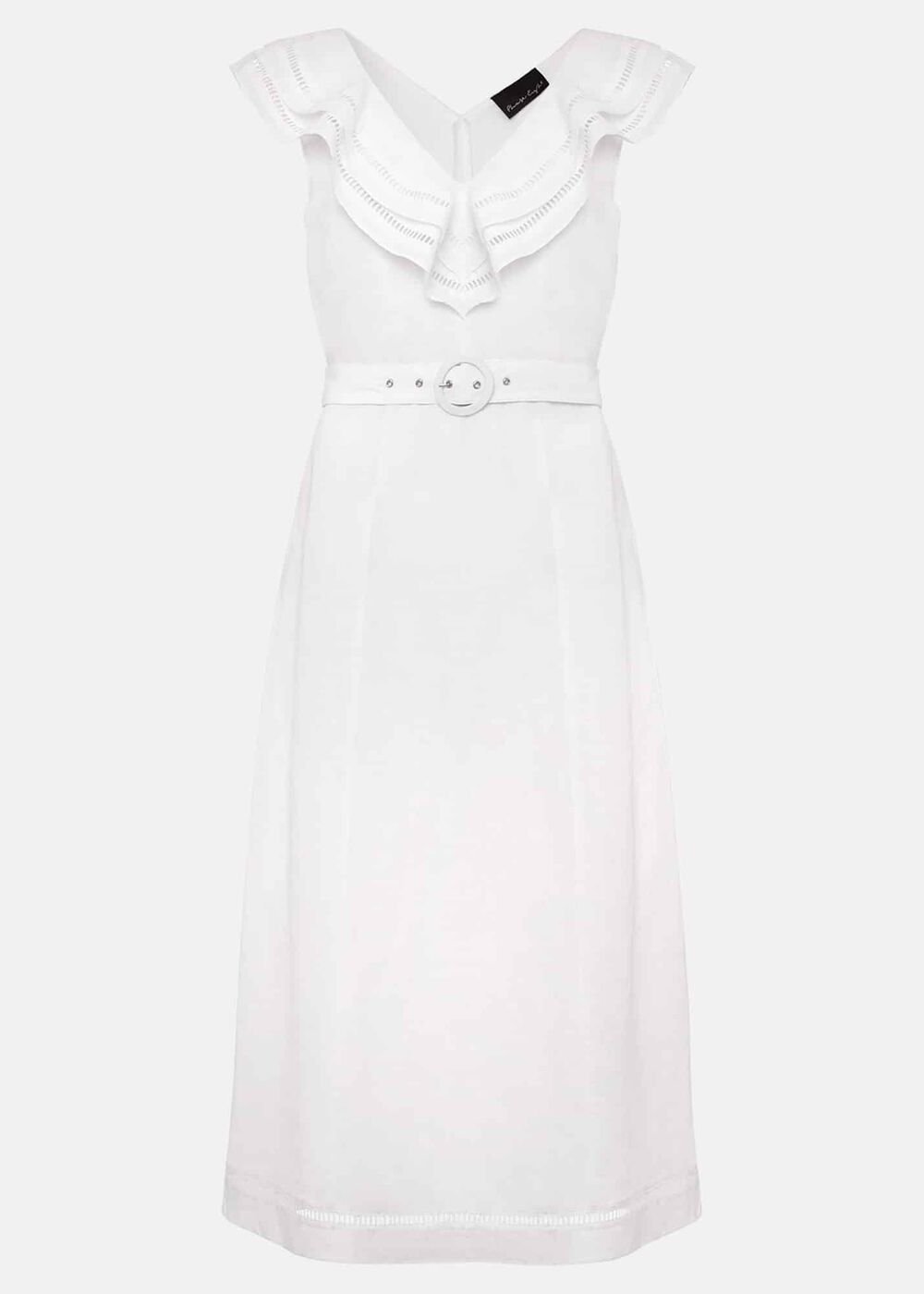 Julieta White Linen Ruffle Broderie Midi Dress White