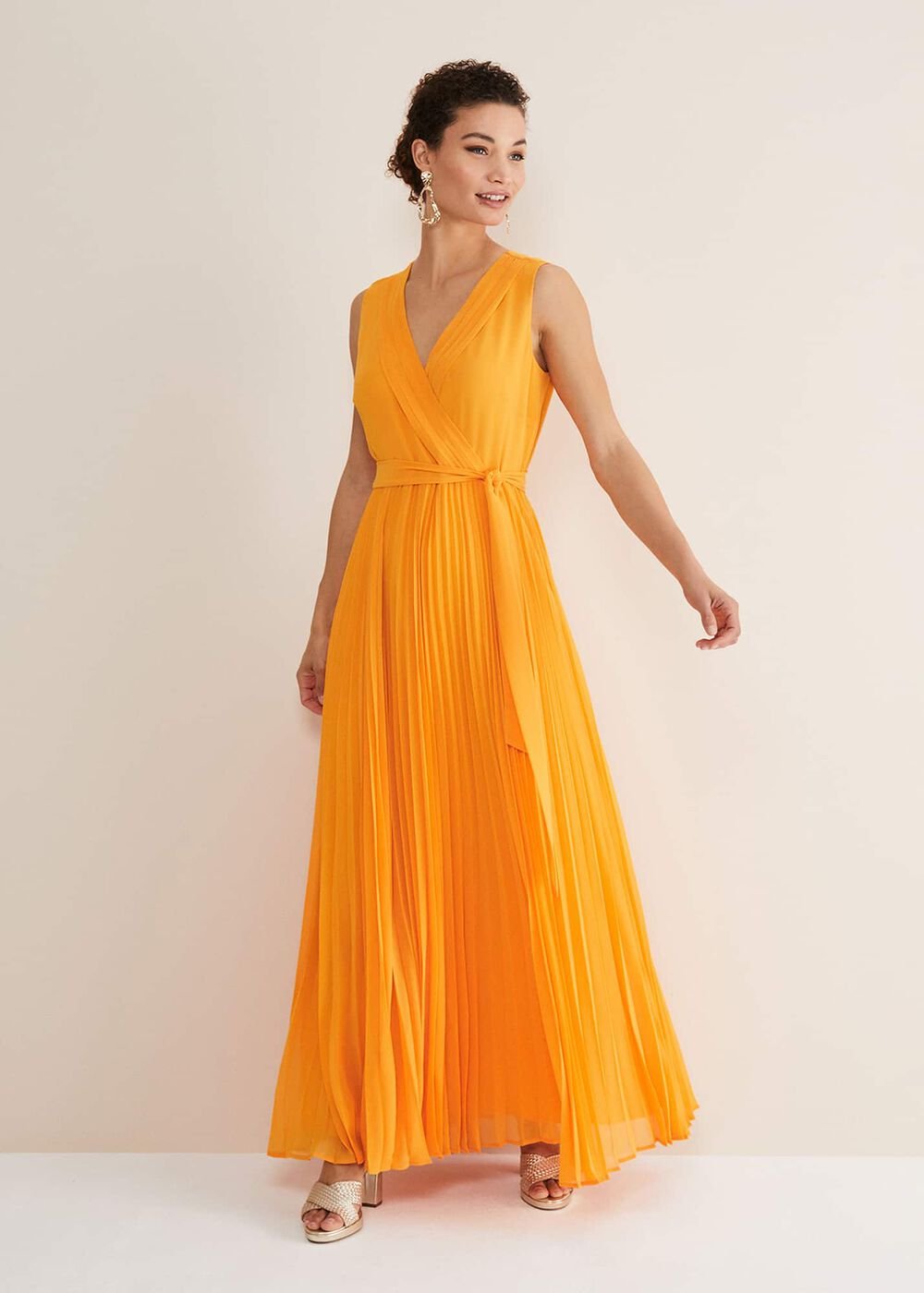 Mollie Pleat Maxi Dress Bright Orange