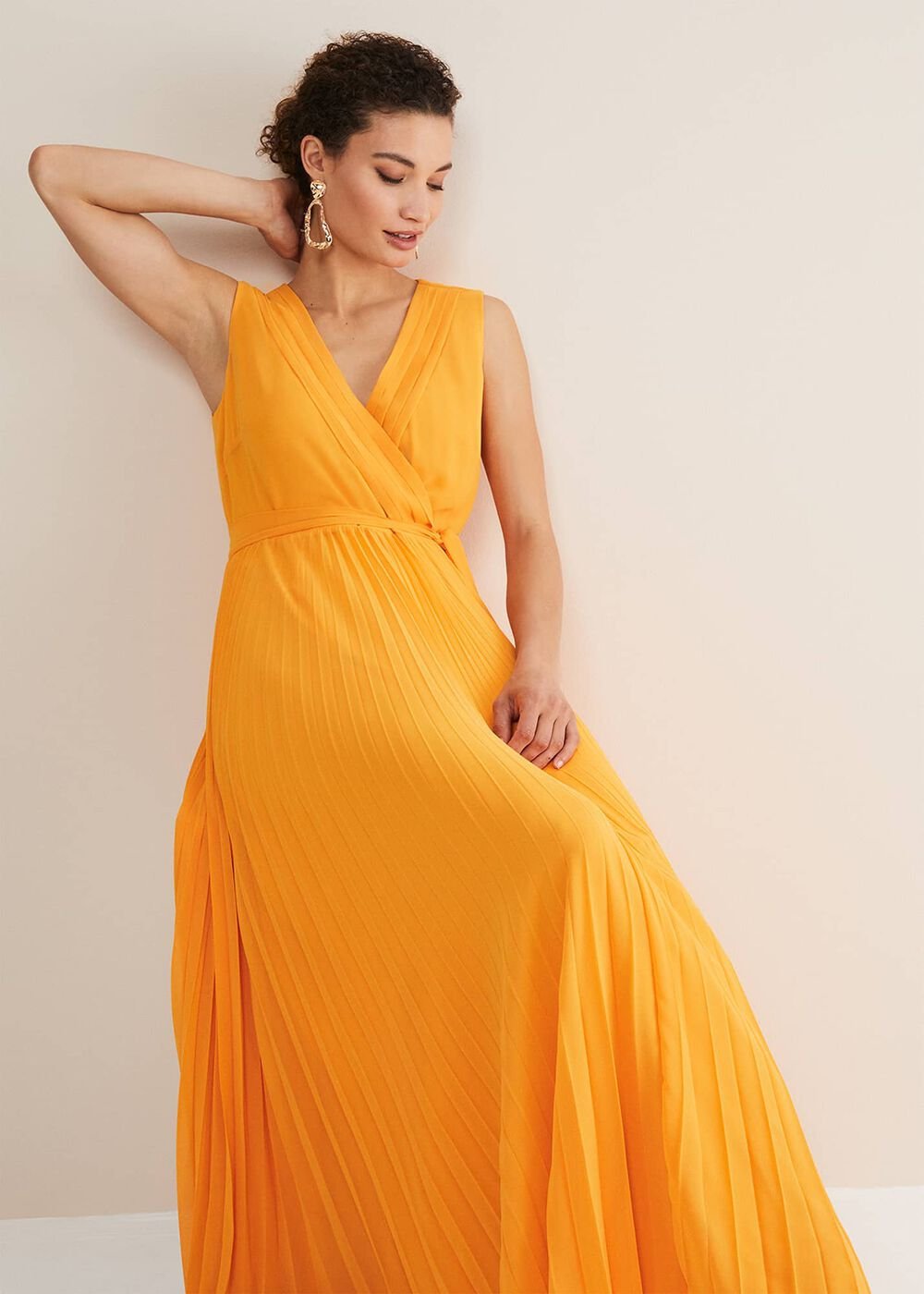 Mollie Pleat Maxi Dress Bright Orange