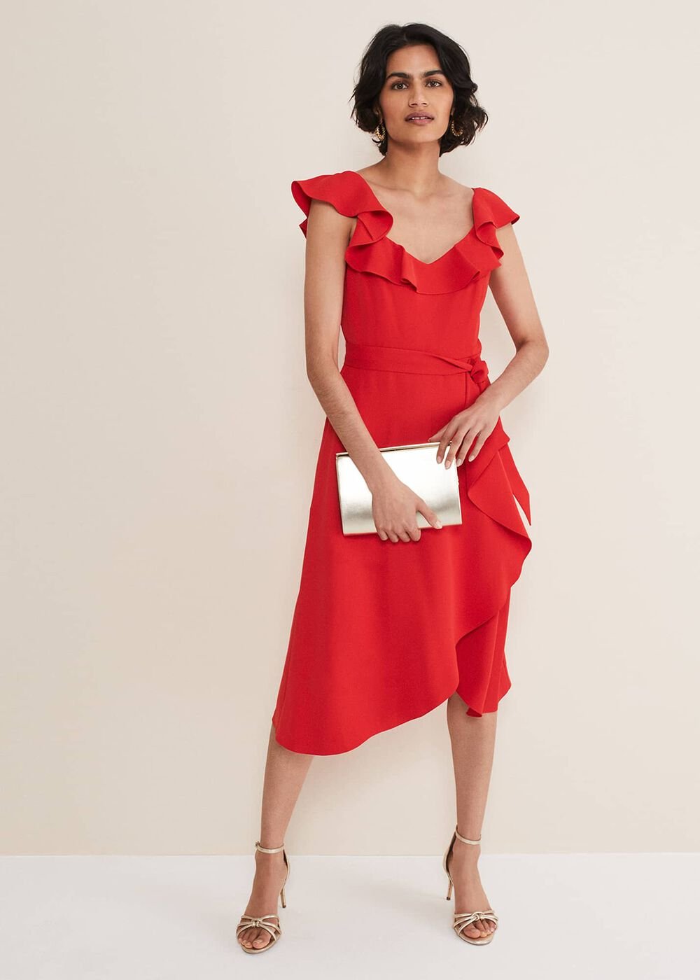 Tatiana Ruffle Wrap Midi Dress Red
