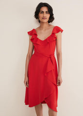 Tatiana Ruffle Wrap Midi Dress Red
