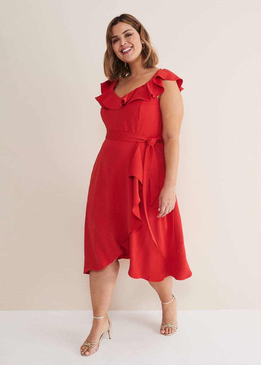 Tatiana Ruffle Wrap Midi Dress Red