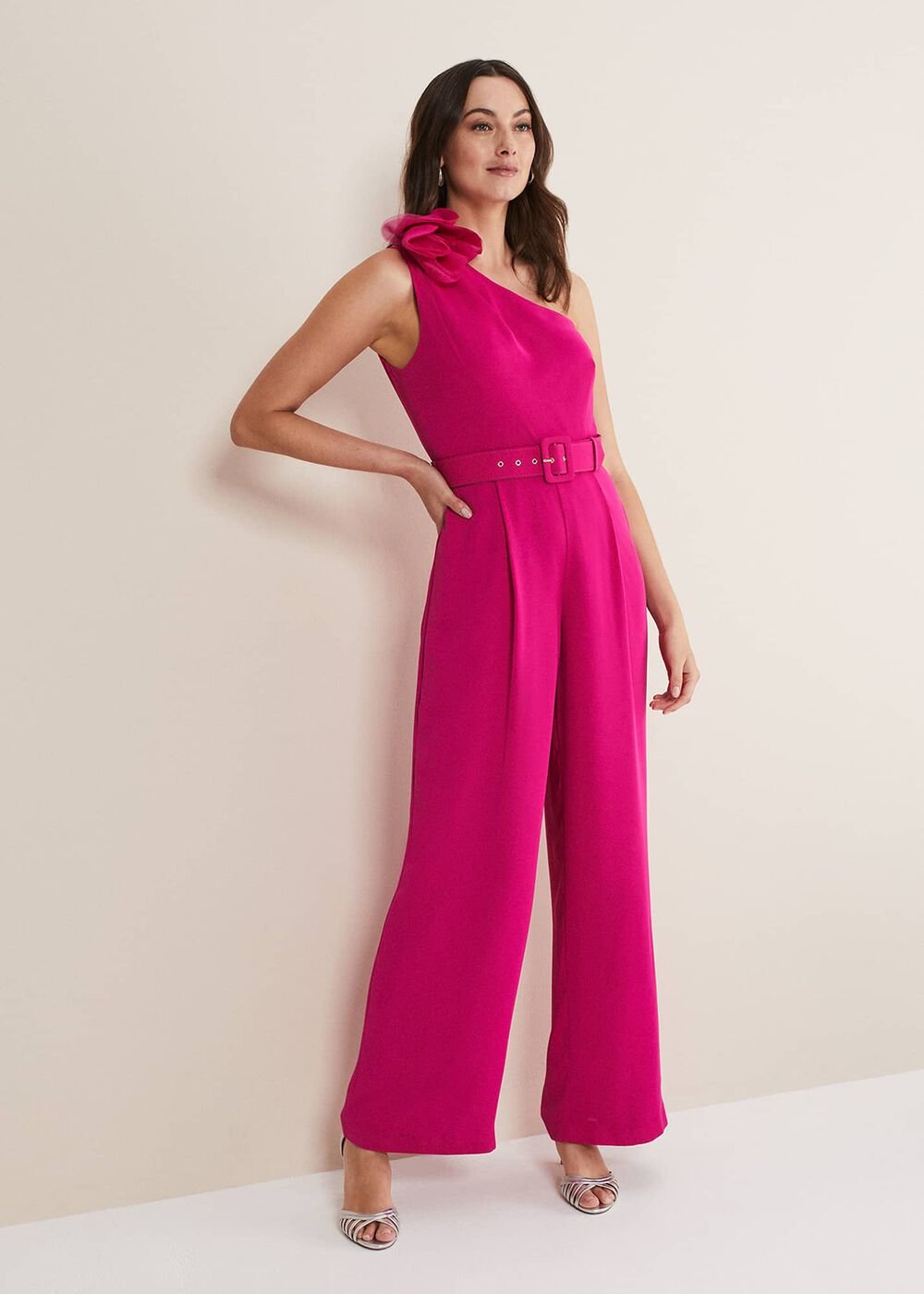 Luisa One Shoulder Jumpsuit Magenta Pink