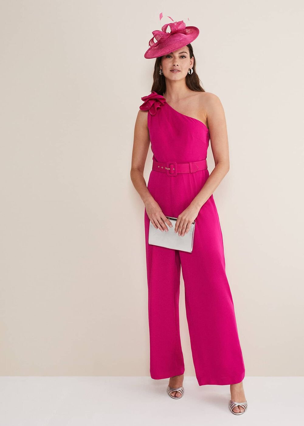 Luisa One Shoulder Jumpsuit Magenta Pink