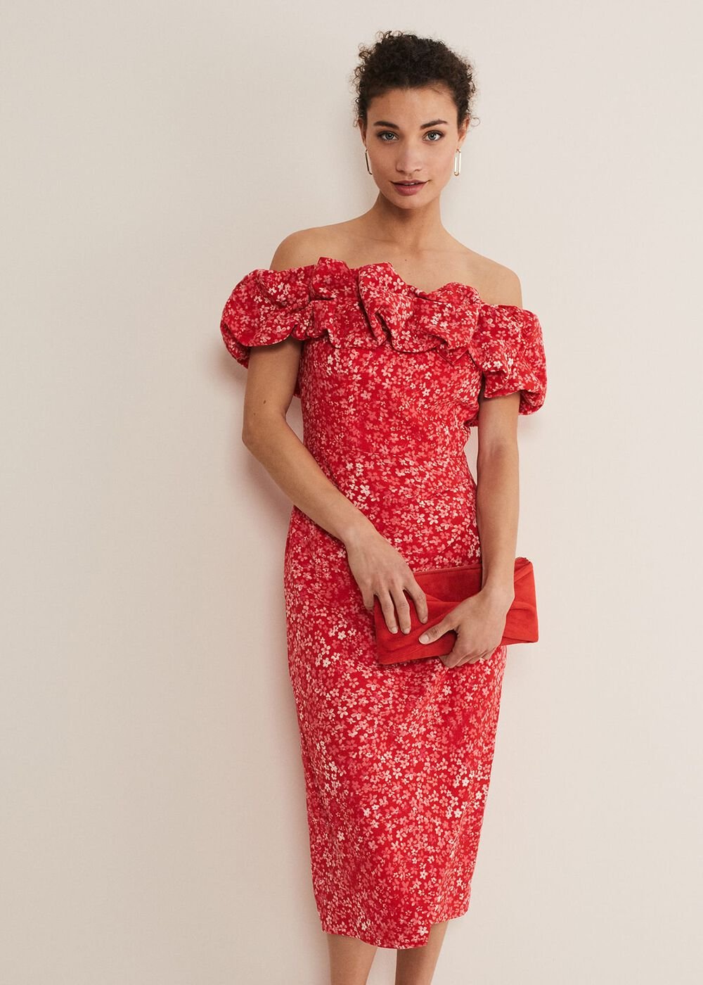 Senita Off Shoulder Ditsy Dress Red/Multi