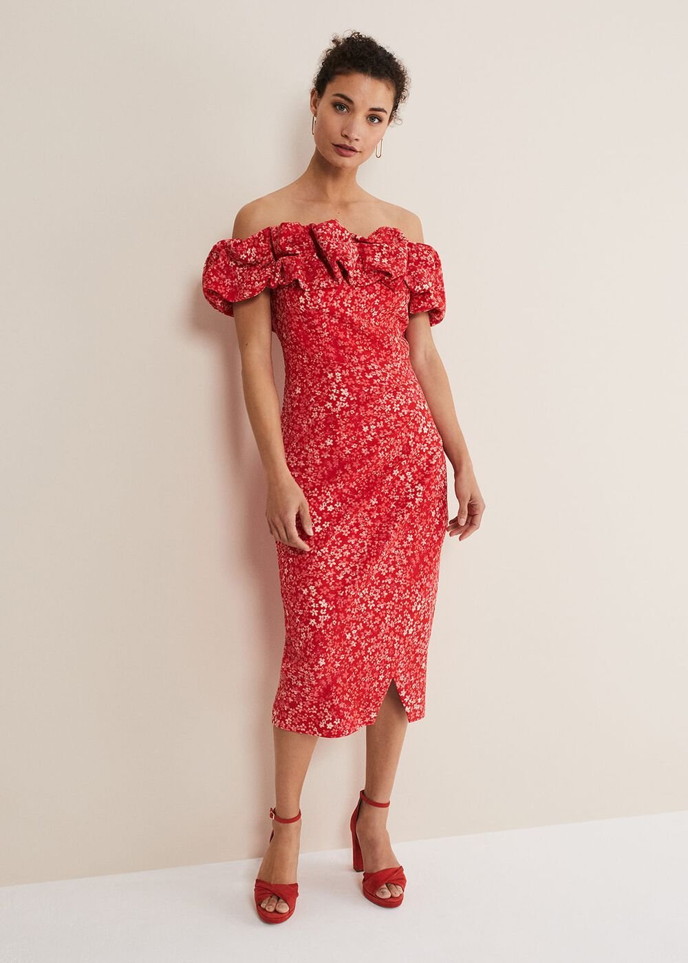 Senita Off Shoulder Ditsy Dress Red/Multi