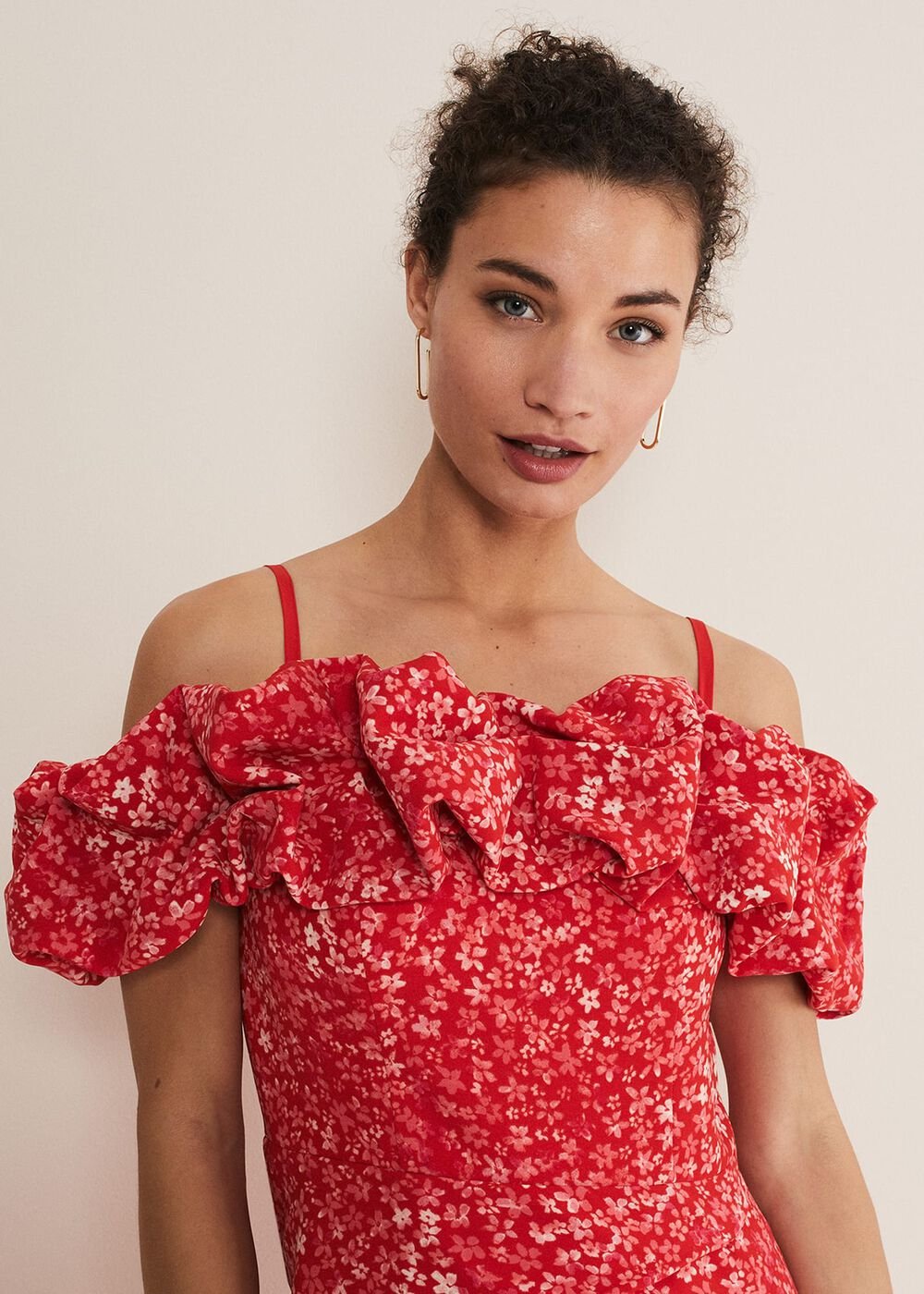 Senita Off Shoulder Ditsy Dress Red/Multi