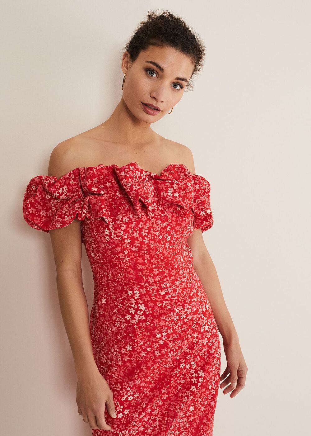 Senita Off Shoulder Ditsy Dress Red/Multi