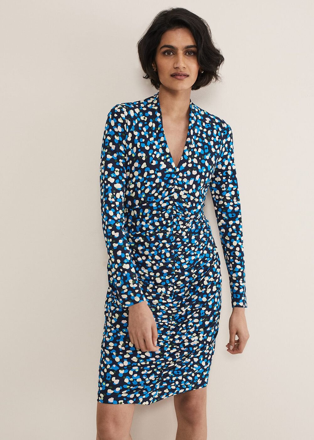 Juno Ruched V Neck Dotty Bodycon Dress Blue Multi