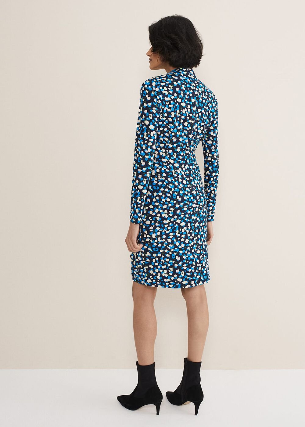 Juno Ruched V Neck Dotty Bodycon Dress Blue Multi