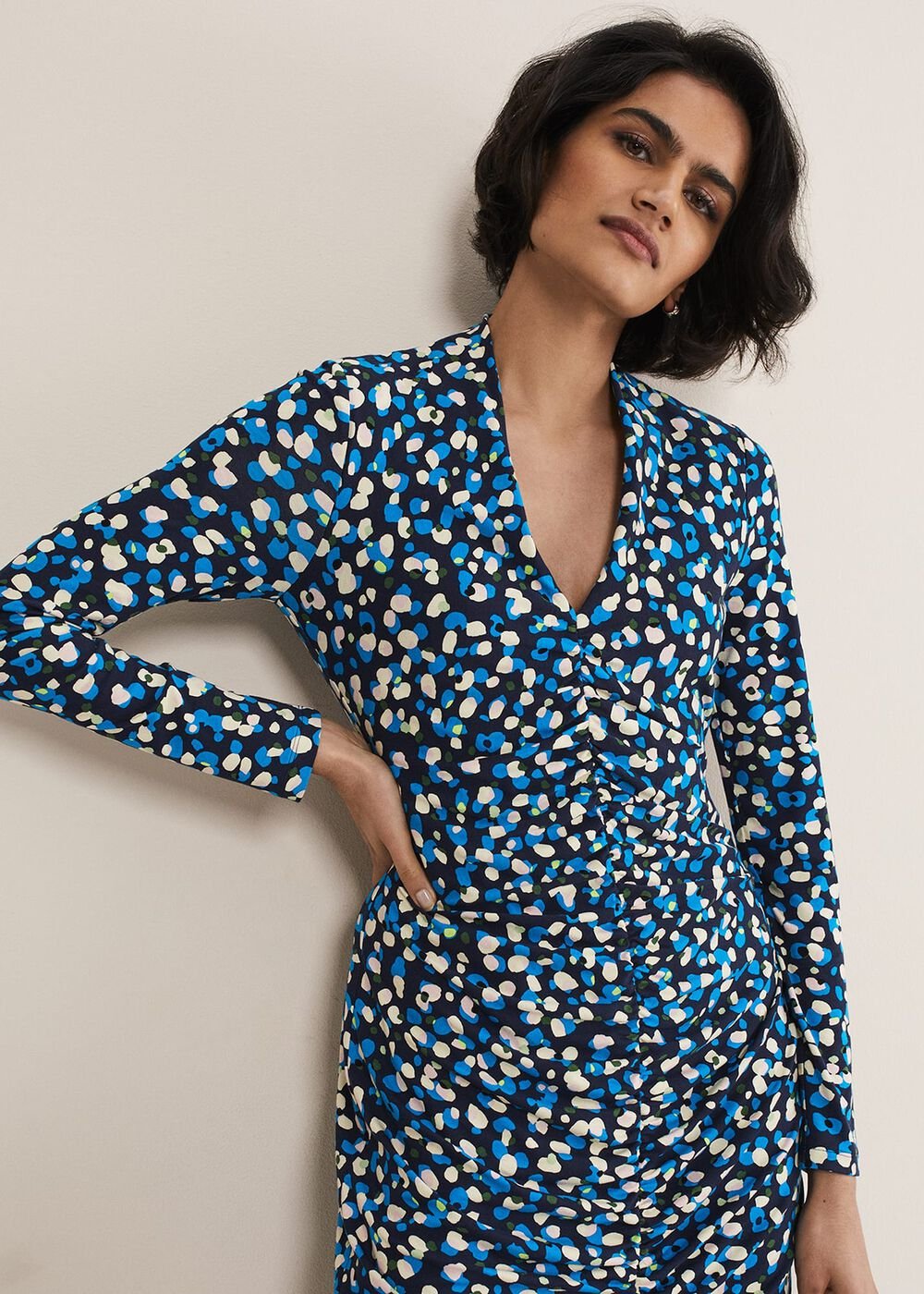 Juno Ruched V Neck Dotty Bodycon Dress Blue Multi