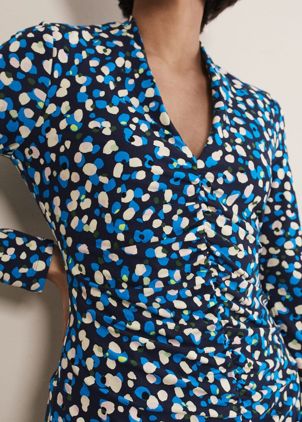 Juno Ruched V Neck Dotty Bodycon Dress Blue Multi