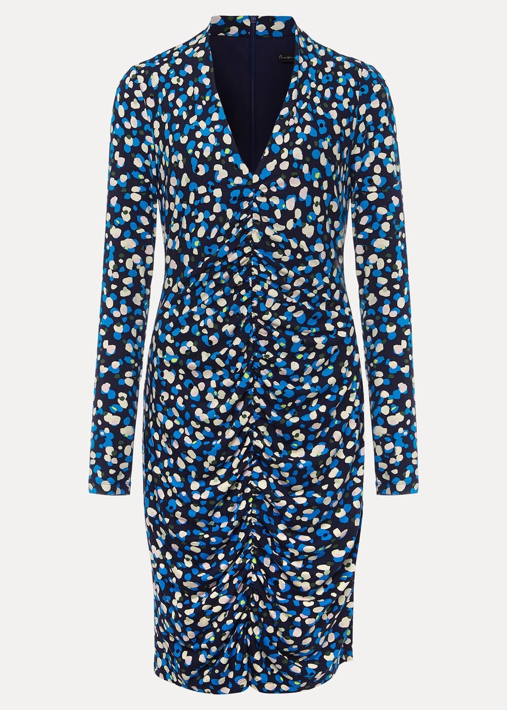 Juno Ruched V Neck Dotty Bodycon Dress Blue Multi