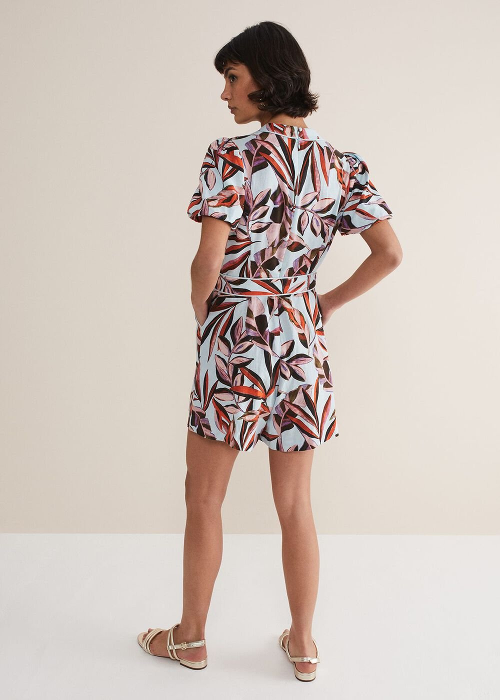 Vivian Linen Leaf Print Playsuit Aqua/Multi
