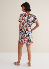 Vivian Linen Leaf Print Playsuit Aqua/Multi