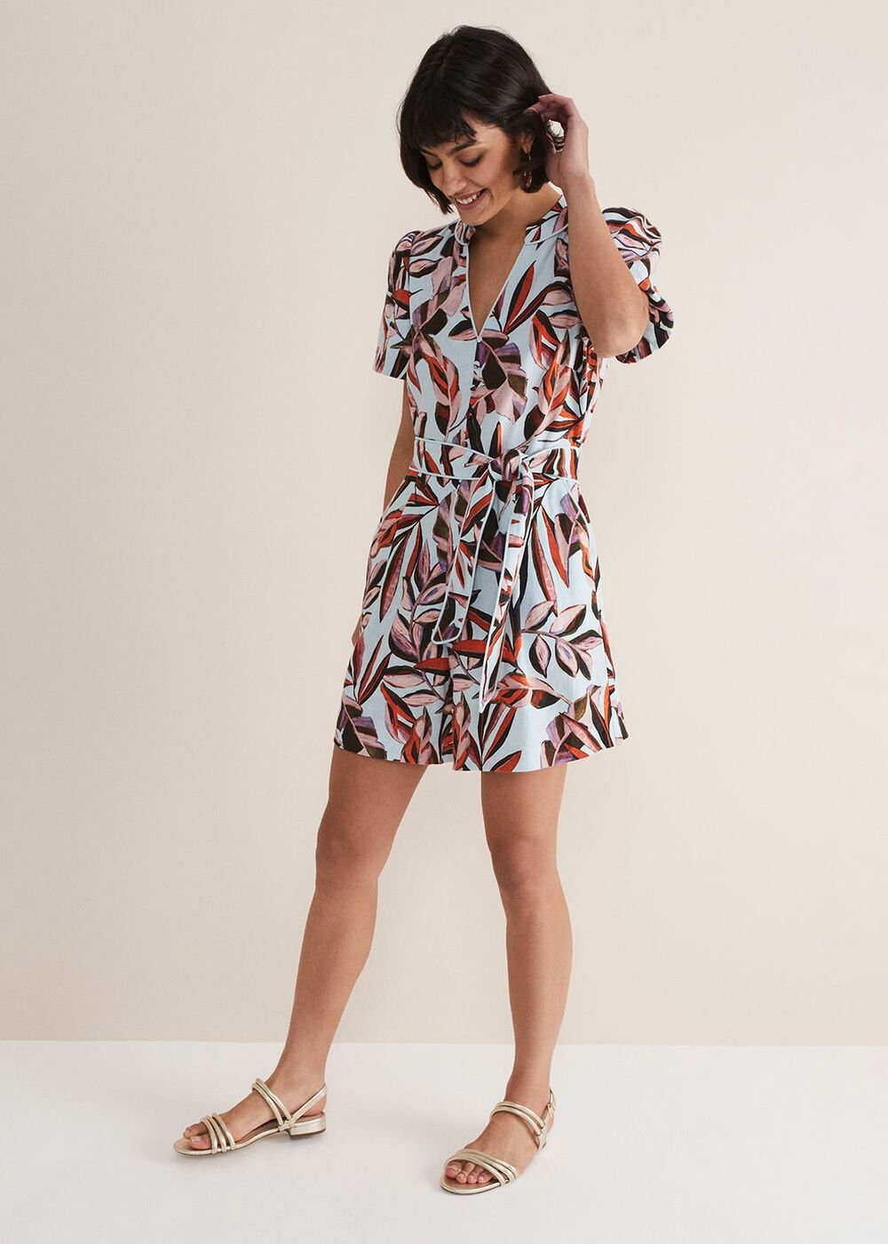 Vivian Linen Leaf Print Playsuit Aqua/Multi