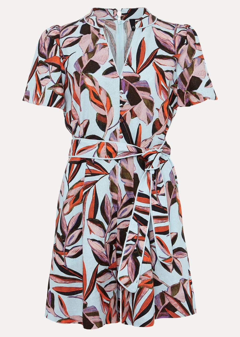 Vivian Linen Leaf Print Playsuit Aqua/Multi