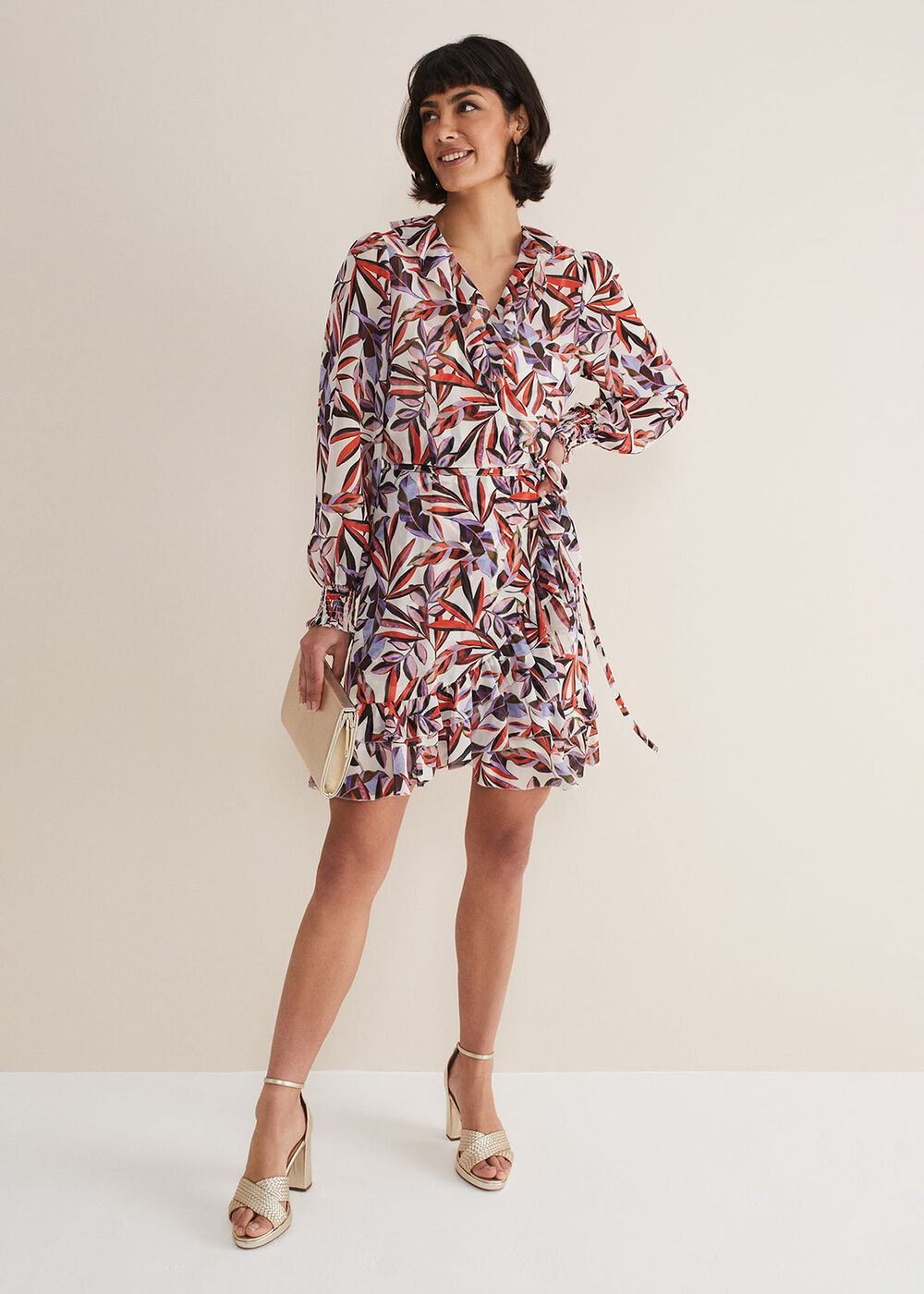 Melinda Leaf Print Mini Dress Ivory/Multi