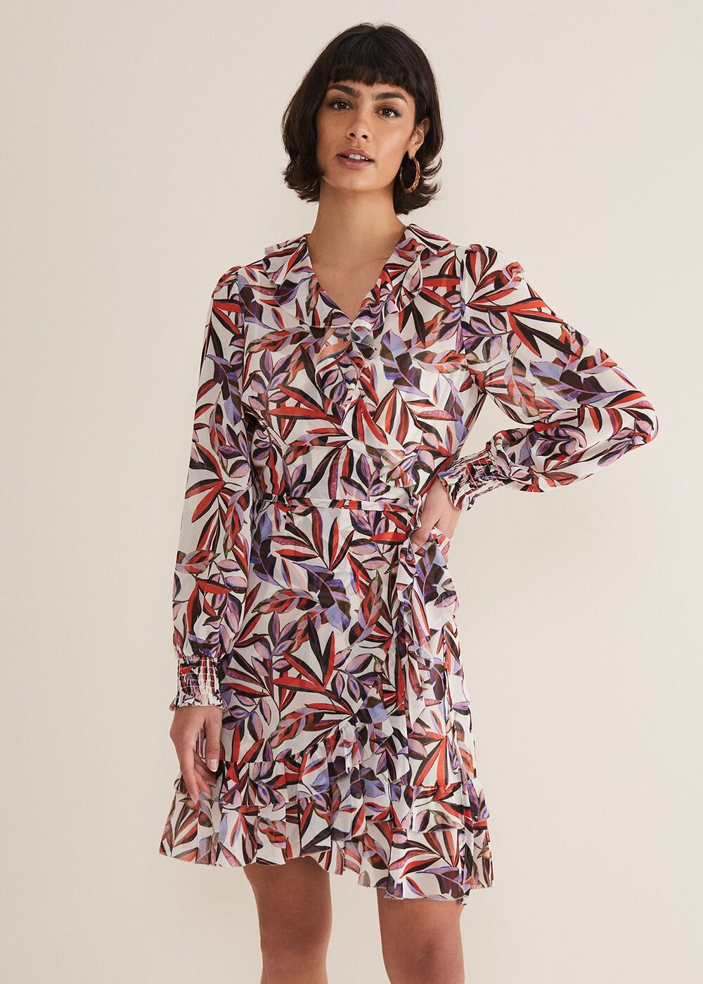 Melinda Leaf Print Mini Dress Ivory/Multi