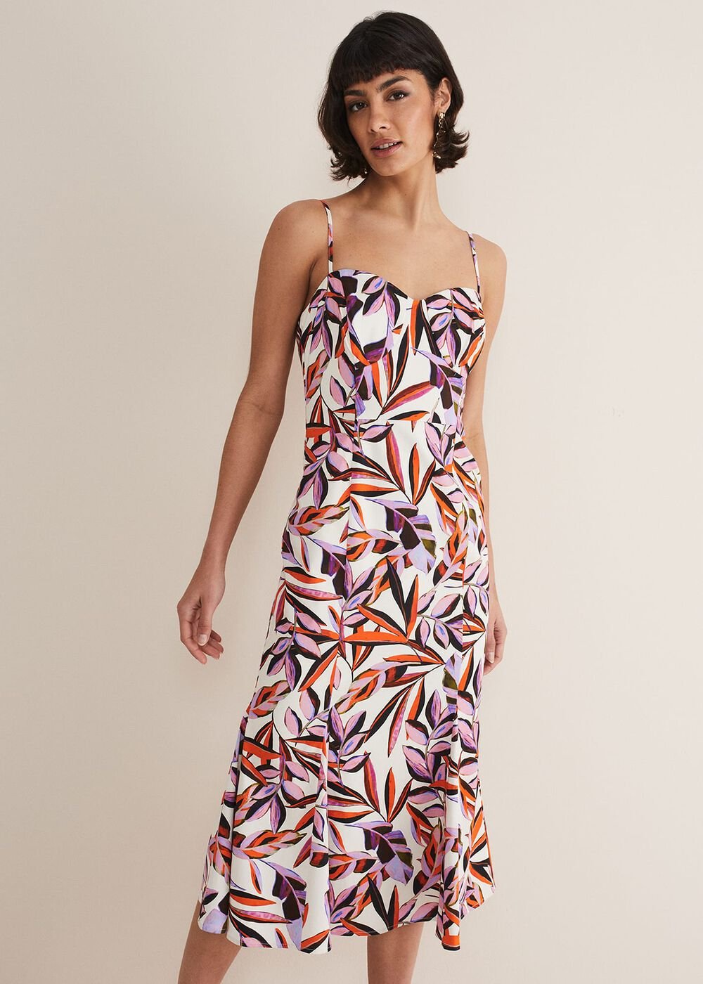 Sammie Leaf Print Fit And Flare Midi Dress Ivory/Multi