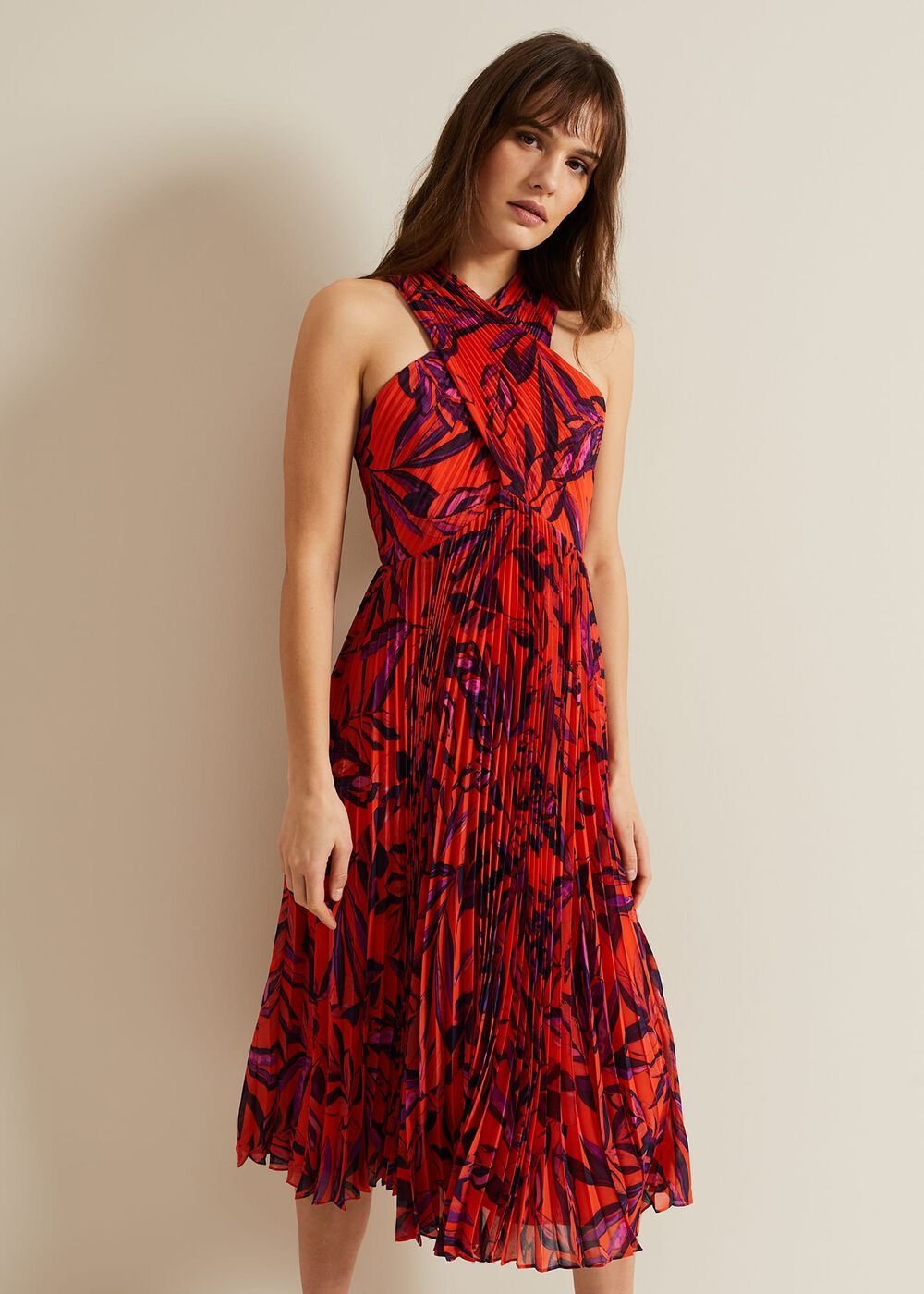 Sorella Pleated Midi Dress Vermillion/multi